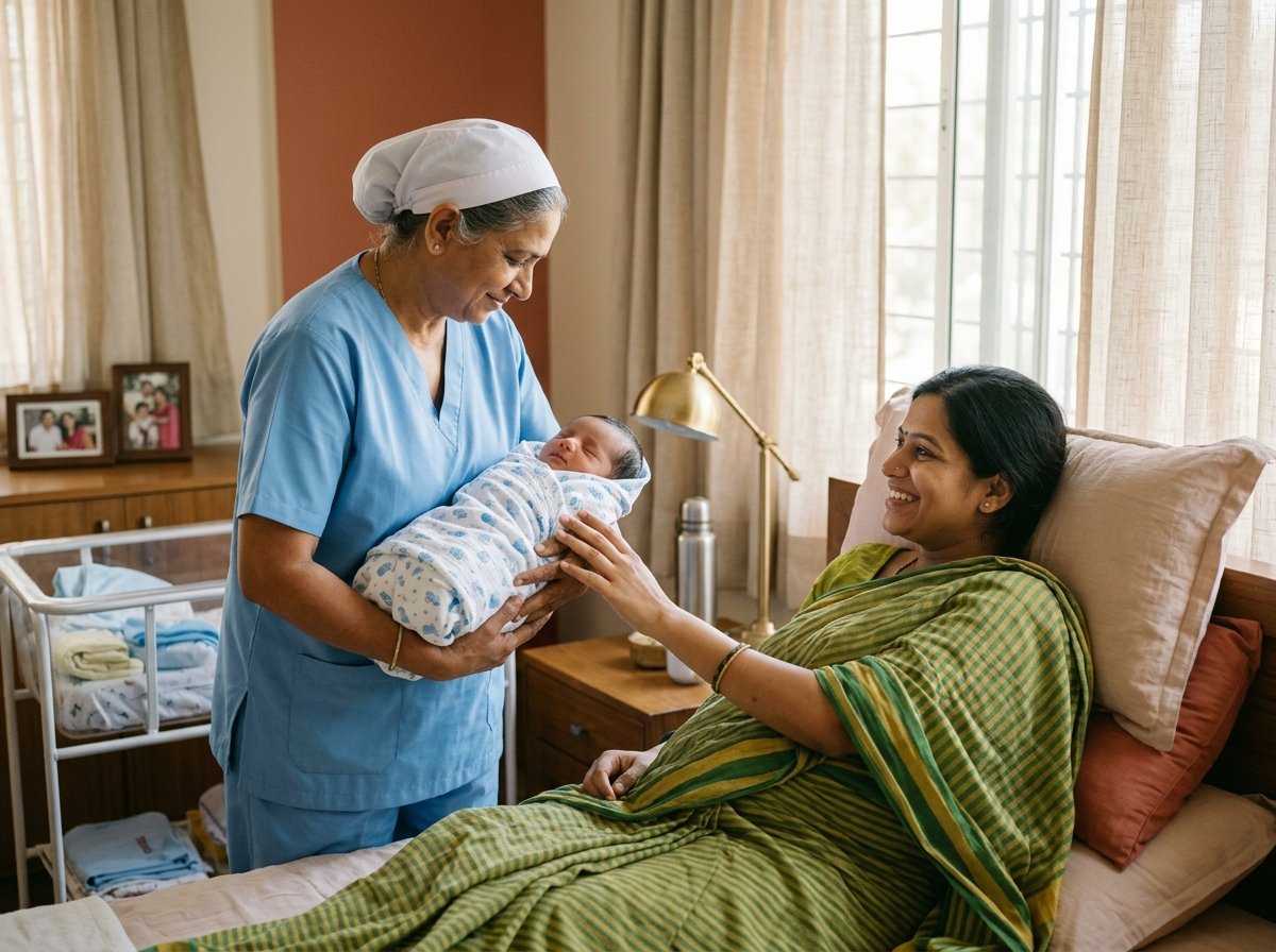 Experienced Indian newborn maternity nurse holding a swaddled infant gently in a clean Tirupati bedroom