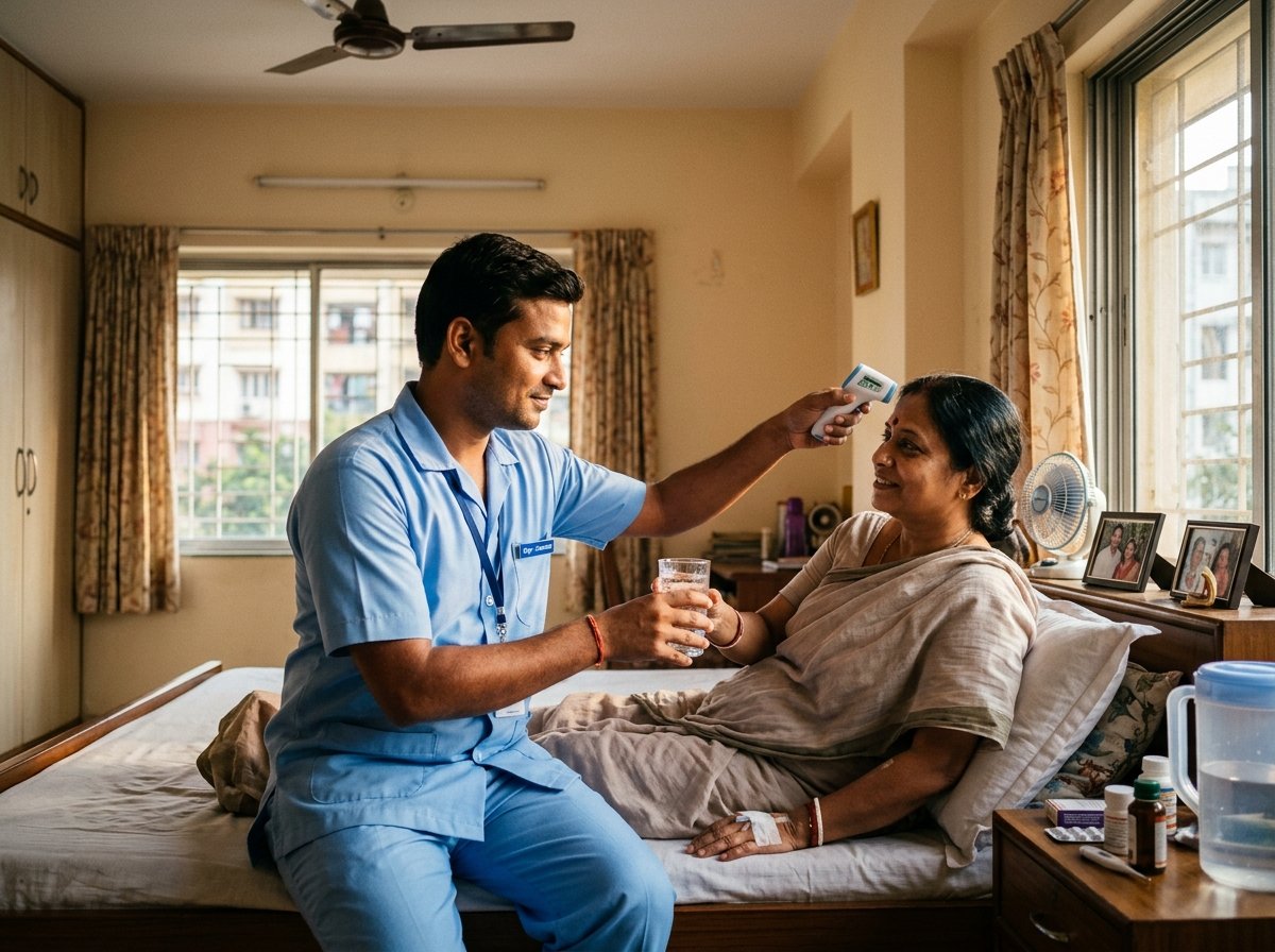 Attentive Indian male patient caretaker assisting a recovering patient comfortably at home in Tirupati