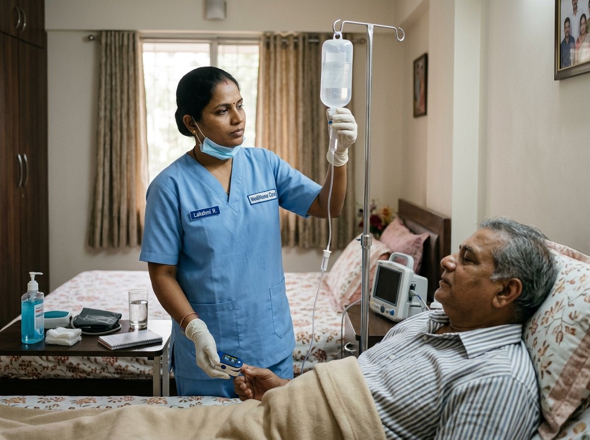 Qualified Indian home nurse preparing sterile catheterization supplies in Tirupati home