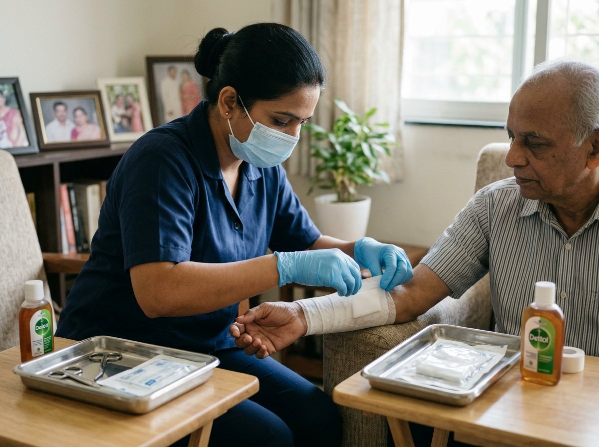 Qualified Indian home nurse carefully cleaning and dressing a pressure ulcer in Tirupati home